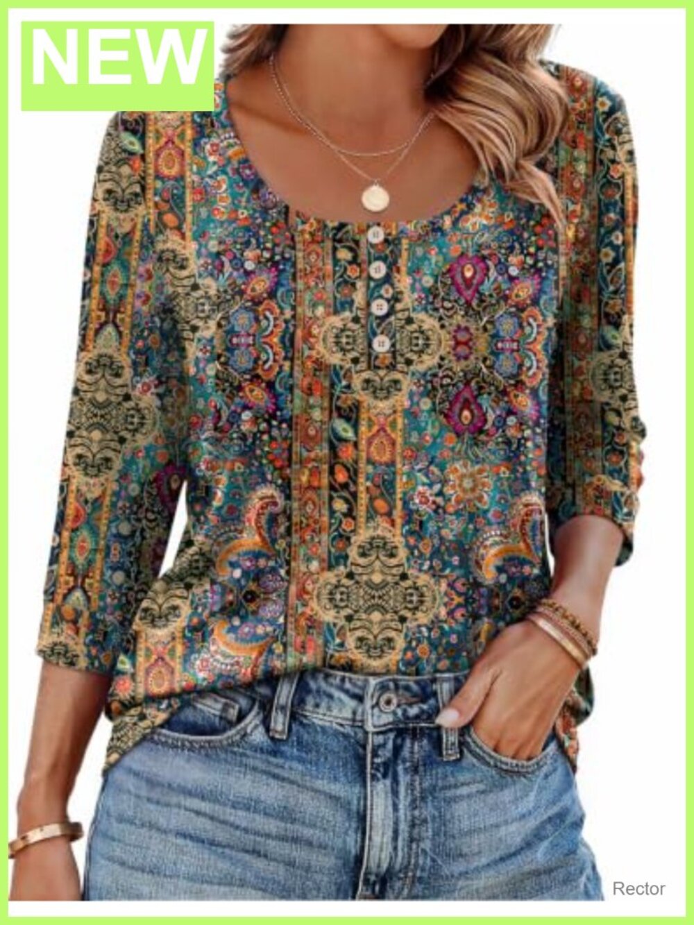 Ekouaer Women's 3/4 Sleeve Blouse Scoop Neck Henley Button Tunic Top